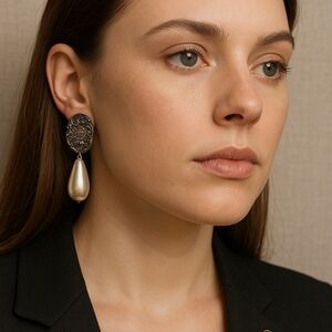 Vintage 1930’s Sterling Silver Repoussé Scroll Drop Earrings Faux Pearl Teardrop